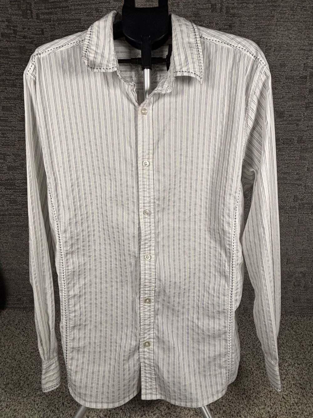 BKE Men's White Blue Striped Athletic Fit Stretch Button-Down Shirt XL 185
